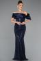 Robe de Soirée Longue Perlé Bleu Marine ABU5434