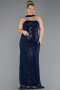 Robe De Soirée Grande Taille Longue Perlé Bleu Marine ABU5495