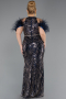 Robe de Soirée Grande Taille Longue Perlé Bleu Marine ABU5540