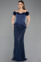 Robe de Soirée Longue Perlé Bleu Marine ABU5616