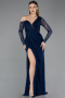 Robe de Soirée Longue Dantelle Bleu Marine ABU5618