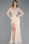 Robe De Soirée Dantelle Longue Beige ABU5618