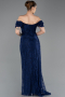 Robe de Soirée Longue Dantelle Bleu Marine ABU5728