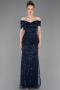 Robe De Soirée Perlé Longue Bleu Marine ABU5400