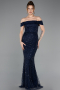 Robe de Soirée Longue Perlé Bleu Marine ABU5915