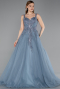 Robes De Soirée Grande Taille Longue Bleu Fumé ABU5965