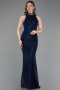 Robe de Soirée Longue Dantelle Bleu Marine ABU5987