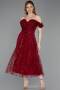 Robe De Soirée Midi Perlé Rouge Bordeaux ABK2594