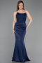 Robe de Soirée Longue Satin Bleu Marine ABU6000