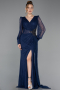 Robe de Soirée Longue Dantelle Bleu Marine ABU6016