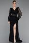 Robe de Soirée Longue Dantelle Noir ABU6016
