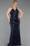 Robe de Soirée Grande Taille Longue Perlé Bleu Marine ABU6013