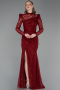 Robe de Soirée Longue Dantelle Rouge Bordeaux ABU6050