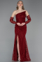Robe de Soirée Longue Dantelle Rouge Bordeaux ABU6050