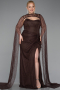 Robe De Soirée Grande Taille Longue Dantelle Brun ABU6070