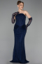 Robe de Soirée Longue Dantelle Bleu Marine ABU6089