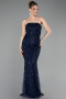 Robe de Soirée Longue Perlé Bleu Marine ABU6104
