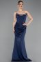 Robe Queue de Poisson Longue Satin Bleu Marine ABU6109