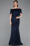 Robe de Soirée Longue Dantelle Bleu Marine ABU6119