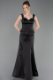 Robe Queue de Poisson Longue Satin Noir ABU6155