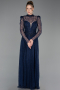 Robe de Soirée Longue Dantelle Bleu Marine ABU6160