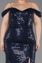 Robe De Soirée Grande Taille Longue Squameuse Bleu Marine ABU6098