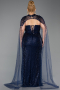 Robe de Soirée Grande Taille Longue Perlé Bleu Marine ABU6162