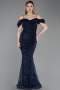 Robe de Soirée Longue Perlé Bleu Marine ABU6190