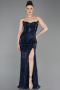 Robe de Soirée Grande Taille Longue Perlé Bleu Marine ABU6206