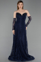 Robe de Soirée Longue Dantelle Bleu Marine ABU6229