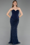 Robe de Soirée Longue Perlé Bleu Marine ABU6232