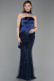 Robe de Soirée Longue Perlé Bleu Marine ABU6234