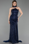 Robe de Soirée Longue Perlé Bleu Marine ABU6236