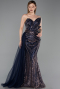Robe de Soirée Longue Perlé Bleu Marine ABU6241