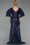 Robe de Soirée Grande Taille Longue Perlé Bleu Marine ABU6261