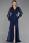 Robe de Soirée Grande Taille Longue Dantelle Bleu Marine ABU6272