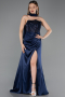 Robe de Soirée Longue Satin Bleu Marine ABU6276