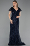 Robe De Soirée Grande Taille Longue Squameuse Bleu Marine ABU6282
