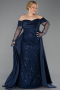 Robe De Soirée Grande Taille Longue Perlé Bleu Marine ABU6093