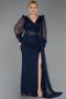 Robe De Soirée Grande Taille Longue Dantelle Bleu Marine ABU6283