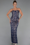 Robe de Soirée Longue Dantelle Bleu Marine ABU6303