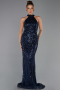 Robe de Soirée Longue Perlé Bleu Marine ABU6348