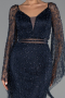 Robe de Soirée Longue Perlé Bleu Marine ABU6349