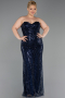 Robe De Soirée Grande Taille Longue Perlé Bleu Marine ABU6357