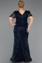 Robe de Soirée Grande Taille Longue Perlé Bleu Marine ABU6334