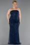Robe De Soirée Grande Taille Longue Perlé Bleu Marine ABU6346