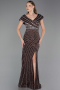 Robe De Fiançailles Grande Taille Longue Perlé Brun ABU5444