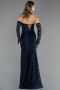 Robe de Soirée Longue Dantelle Bleu Marine ABU6375