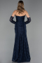 Robe de Soirée Longue Dantelle Bleu Marine ABU6376
