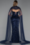 Robe de Soirée Longue Perlé Bleu Marine ABU6377